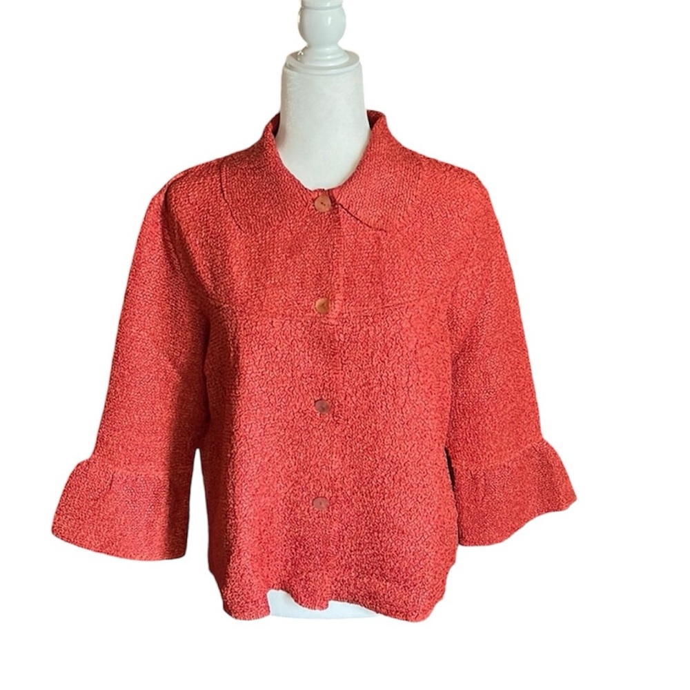 Rafael Orange Coral Textured Stretch Pendulum Bell Sleeve Jacket Blouse Size S
